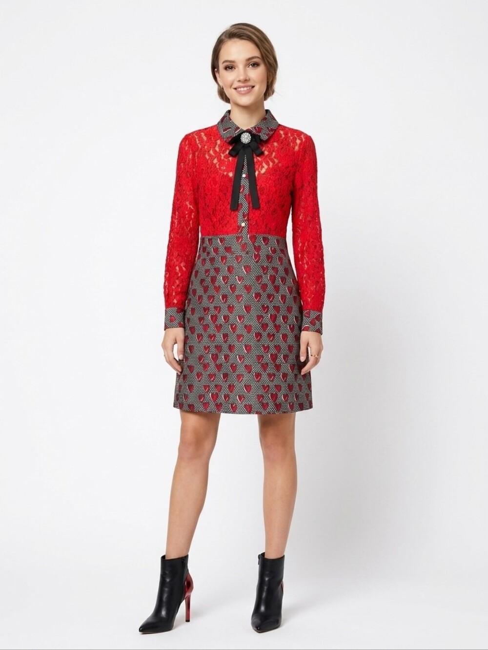 NWOT Red Velvet Lace & Heart Print Brocade Dress Size M
